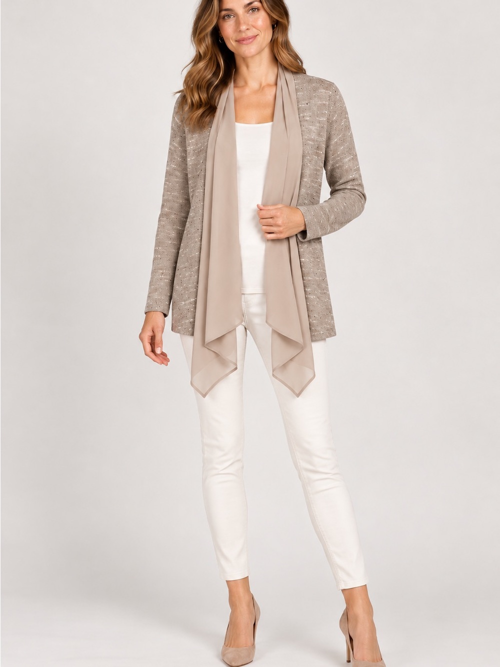 The Limited Taupe Draped Open-Front Cardigan with Chiffon Panels